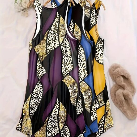 BOGO 5X Plus Size Retro Leopard & Paisley Round Neck Tank Nightdress PJs Lounge - Picture 2 of 12